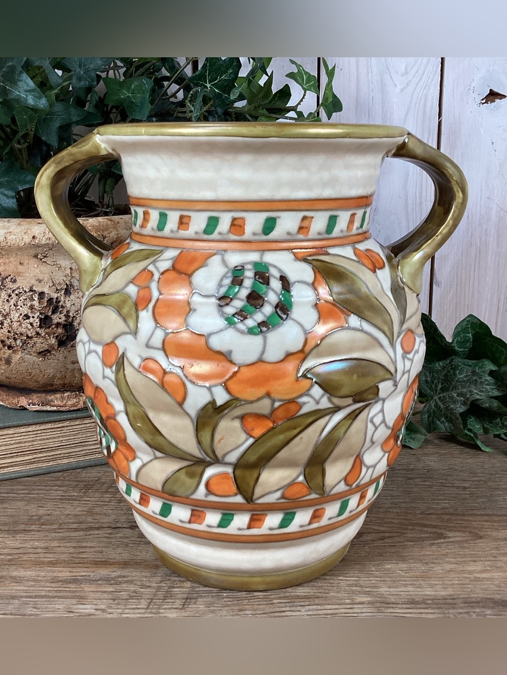 Charlotte Rhead Crown Ducal Pottery Twin Handled Vase Persian Rose Patte…